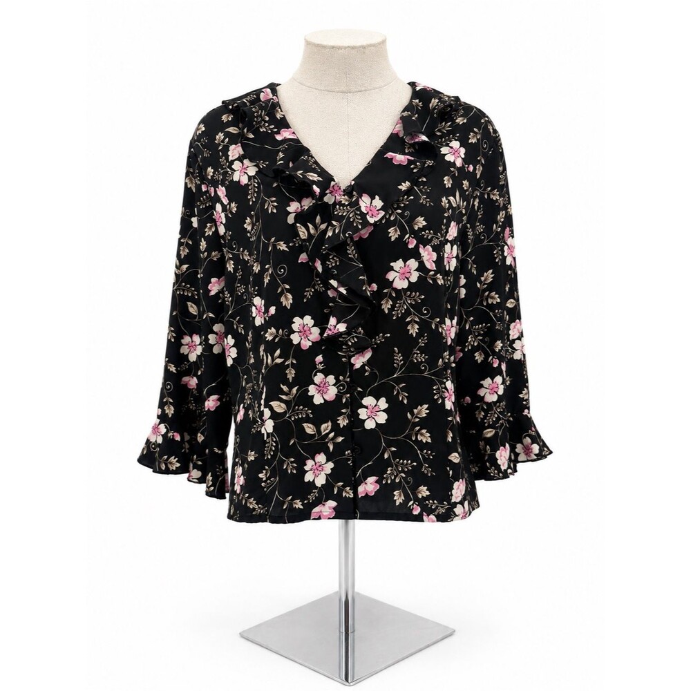 Sag Harbor Petite Black Pink Floral Ruffle Blouse 3/4 Sleeve Size 14P